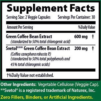 Svetol Pure Green Coffee Bean Supplement Facts